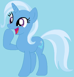 Size: 358x371 | Tagged: safe, artist:jadeharmony, artist:mak2020, trixie, pony, unicorn, g4, blue background, cute, diatrixes, female, mare, open mouth, open smile, raised hoof, simple background, smiling, solo
