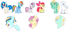 Size: 1112x485 | Tagged: safe, artist:inkprism, apple bloom, dj pon-3, double diamond, rainbow dash, sweetie belle, vinyl scratch, zephyr breeze, earth pony, pegasus, pony, g4, base used, bow, bust, female, filly, foal, hair bow, magical gay spawn, magical lesbian spawn, male, mare, offspring, parent:apple bloom, parent:double diamond, parent:rainbow dash, parent:sweetie belle, parent:vinyl scratch, parent:zephyr breeze, simple background, stallion, sunglasses, transparent background
