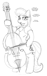 Size: 1250x2000 | Tagged: safe, artist:runningtoaster, octavia melody, earth pony, human, semi-anthro, equestria girls, g4, arm hooves, bowtie, cello, clothes, dialogue, female, human to pony, lineart, looking at you, monochrome, musical instrument, open mouth, open smile, simple background, smiling, solo, transformation, transformed, white background