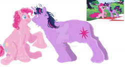 Size: 1280x686 | Tagged: safe, artist:lanternik, edit, screencap, pinkie pie, twilight sparkle, earth pony, pony, unicorn, g4, lesson zero, deviantart watermark, female, mare, obtrusive watermark, redesign, screencap reference, simple background, twilight snapple, unicorn twilight, watermark, white background