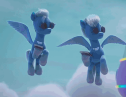 Size: 2048x1579 | Tagged: safe, screencap, cloudy azure, jake blue, pegasus, pony, g5, my little pony: make your mark, my little pony: make your mark chapter 3, winter wishday, spoiler:g5, spoiler:winter wishday, cropped, duo, duo male, flying, male, stallion, sunglasses