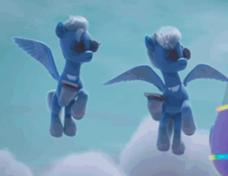 Size: 2048x1579 | Tagged: safe, screencap, cloudy azure, jake blue, pegasus, pony, g5, my little pony: make your mark, winter wishday, spoiler:g5, cropped, duo, duo male, flying, male, stallion, sunglasses