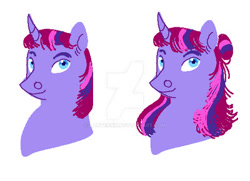 Size: 400x290 | Tagged: safe, artist:lanternik, oc, oc only, pony, unicorn, bust, deviantart watermark, duo, female, horn, magical lesbian spawn, mare, obtrusive watermark, offspring, parent:tempest shadow, parent:twilight sparkle, parents:tempestlight, simple background, unicorn oc, watermark, white background