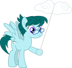 Size: 1561x1474 | Tagged: safe, artist:yoshimon1, derpibooru exclusive, oc, oc only, oc:cloudy bits, pegasus, pony, cloud, female, full body, glasses, hoof hold, mare, pegasus oc, raised hoof, simple background, smiling, solo, spread wings, string, tail, transparent background, wings