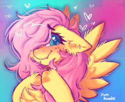 Size: 1551x1260 | Tagged: safe, artist:yumkandie, fluttershy, pegasus, pony, blushing, cheek fluff, chest fluff, crying, cute, cute little fangs, ear fluff, fangs, female, floating heart, freckles, heart, heart eyes, looking at you, messy mane, shyabetes, signature, smiling, solo, teary eyes, wavy mouth, wingding eyes, wings