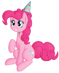 Size: 802x996 | Tagged: safe, artist:laserkitten, pinkie pie, earth pony, pony, g4, birthday, female, hat, mare, party hat, raised hoof, simple background, sitting, smiling, solo, transparent background