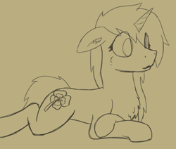 Size: 3283x2783 | Tagged: safe, artist:al solae, oc, oc only, oc:lucky day, pony, unicorn, cheek fluff, chest fluff, clover, ear fluff, female, floppy ears, four leaf clover, high res, horn, lying down, mare, sketch, slender, solo, thin, unicorn oc