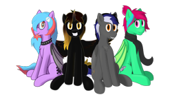 Size: 3840x2160 | Tagged: safe, artist:laykeen, derpibooru exclusive, oc, oc only, oc:enokai, oc:laykeen, oc:noumena, oc:umbr4, alicorn, bat pony, pegasus, pony, 2023 community collab, derpibooru community collaboration, alicorn oc, chest fluff, clothes, collar, group, high res, horn, scarf, simple background, spread wings, tongue out, transparent background, wings