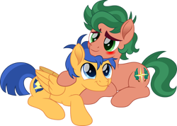 Size: 1280x912 | Tagged: safe, artist:cloudy glow, flash sentry, timber spruce, earth pony, pegasus, pony, g4, blue eyes, blushing, cute, diasentres, duo, earth pony timber spruce, equestria girls ponified, gay, green eyes, male, ponified, ship:timberflash, shipping, simple background, smiling, stallion, tail, timberbetes, transparent background, wings