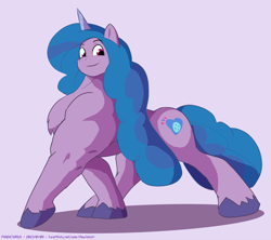 Size: 4028x3570 | Tagged: safe, artist:pandatarius, izzy moonbow, pony, unicorn, g5, my little pony: tell your tale, spoiler:g5, spoiler:my little pony: tell your tale, cursed image, female, fetish, izzy moonbuff, mare, muscle fetish, muscles, muscular female, pecs, signature, simple background, solo, sternocleidomastoid