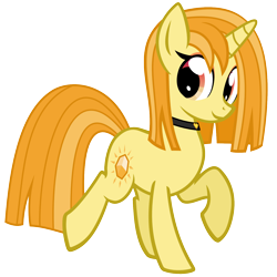 Size: 1500x1500 | Tagged: safe, artist:heliocentric, oc, oc only, oc:amber flair, pony, unicorn, 2023 community collab, derpibooru community collaboration, choker, female, full body, heart, hooves, horn, mare, raised hoof, simple background, smiling, solo, tail, transparent background, two toned mane, two toned tail, unicorn oc