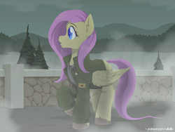 Size: 1600x1200 | Tagged: safe, artist:willoillo, fluttershy, pegasus, pony, g4, clothes, crossover, female, fog, folded wings, jacket, james sunderland, looking at something, looking away, mare, military uniform, open mouth, outdoors, profile, raised hoof, silent hill, solo, standing, uniform, unshorn fetlocks, wings