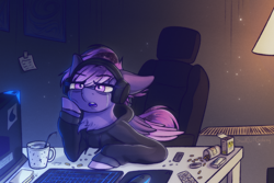 Size: 3000x2000 | Tagged: safe, artist:shad0w-galaxy, oc, oc only, oc:shadow galaxy, pegasus, pony, bags under eyes, chair, clothes, computer, computer mouse, crying, depressed, detailed background, female, food, headphones, high res, hoodie, keyboard, lamp, mare, mousepad, mug, pegasus oc, pills, sandwich, sick, sitting, solo, straw, table, unshorn fetlocks