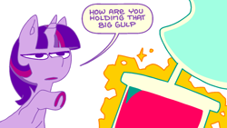 Size: 1470x827 | Tagged: safe, artist:batshaped, lyra heartstrings, twilight sparkle, pony, unicorn, boast busters, g4, big gulp, dialogue, drink, drinking, drinking straw, duo, female, horseshoes, levitation, magic, magic aura, mare, pointing, simple background, speech bubble, telekinesis, unicorn twilight, white background