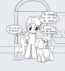 Size: 914x1008 | Tagged: safe, artist:storyteller, oc, oc:omelette, earth pony, pony, unicorn, colt, cute, dialogue, earth pony oc, excited, female, filly, foal, horn, male, monochrome, smiling, speech bubble, stallion, unicorn oc