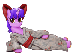 Size: 1600x1200 | Tagged: safe, artist:hiddelgreyk, oc, oc only, alicorn, pony, 2023 community collab, derpibooru community collaboration, alicorn oc, bow, brown eyes, clothes, female, hair bow, horn, kimono (clothing), lying down, mare, purple hair, simple background, solo, transparent background, wings