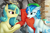Size: 3229x2133 | Tagged: safe, artist:pixel mint, oc, oc only, oc:blueblaze stardust, oc:seven sister, pony, unicorn, baseball cap, cap, duo, duo female, eye contact, eyebrows, female, grin, halo, hat, high res, horn, looking at each other, looking at someone, mare, one eye closed, open mouth, open smile, signature, smiling, unicorn oc, wink