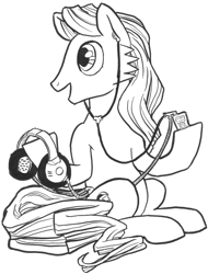 Size: 2279x3000 | Tagged: safe, artist:abronyaccount, derpibooru exclusive, oc, oc only, oc:phrase turner, earth pony, pony, 2023 community collab, derpibooru community collaboration, black and white, earbuds, earth pony oc, grayscale, headphones, high res, ink drawing, long mane, long mane male, long tail, male, monochrome, mp3 player, sideburns, simple background, sitting, smiling, solo, stallion, tail, traditional art, transparent background