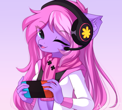 Size: 2430x2202 | Tagged: safe, artist:airiniblock, oc, oc only, oc:lillybit, anthro, gradient background, headset, high res, nintendo switch, solo
