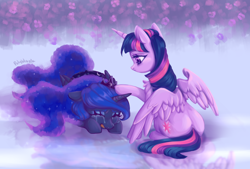 Size: 1240x840 | Tagged: safe, artist:polyblank, princess luna, twilight sparkle, alicorn, pony, g4, comforting, crying, cute, duo, duo female, female, looking at someone, lying down, painting, simple background, sitting, spread wings, support, twilight sparkle (alicorn), wings