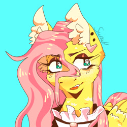 Size: 1378x1378 | Tagged: safe, artist:suruhatsune, fluttershy, pegasus, pony, g4, blue background, blushing, bust, chest fluff, clothes, dress, ear piercing, earring, female, fluttergoth, jewelry, lidded eyes, mare, open mouth, piercing, simple background, skull, wingding eyes