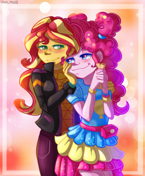 Size: 1680x2040 | Tagged: safe, artist:yuris, pinkie pie, sunset shimmer, human, equestria girls, g4, my little pony equestria girls: better together, alternate hairstyle, blushing, churros, clothes, cute, duo, duo female, female, food, lesbian, music festival outfit, ship:sunsetpie, shipping, simple background, smiling