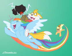 Size: 3300x2550 | Tagged: safe, artist:zannianator, applejack, rainbow dash, earth pony, fox, pegasus, pony, anthro, g4, angry, anthro with ponies, ashleigh ball, clothes, commission, converse, countershading, crossover, device, fire, flying, frog (hoof), gradient background, green background, hat, high res, laughing, male, miles "tails" prower, multiple tails, on fire, prank, running, running away, scared, shoes, signature, simple background, sonic prime, sonic the hedgehog (series), tail, terrified, two tails, underhoof, voice actor joke