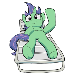 Size: 3200x3200 | Tagged: safe, artist:platypus-the-pony, oc, oc only, oc:wonder wire, pony, unicorn, 2023 community collab, derpibooru community collaboration, belly button, chair, frog (hoof), high res, horn, looking at you, lying down, on back, simple background, smiling, smiling at you, solo, transparent background, underhoof, unicorn oc, waving at you