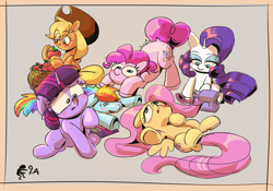 Size: 2739x1922 | Tagged: safe, artist:applephil, applejack, fluttershy, pinkie pie, rainbow dash, rarity, twilight sparkle, earth pony, insect, ladybug, pegasus, pony, unicorn, g4, apple, basket, beige background, blush sticker, blushing, female, floppy ears, food, insect on nose, ladybug on nose, lying down, mane six, mare, on back, sewing machine, simple background, sitting, twilight hates ladybugs, unicorn twilight