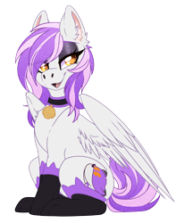 Size: 2530x3209 | Tagged: safe, artist:red_moonwolf, oc, oc only, oc:mewio, pegasus, pony, 2023 community collab, derpibooru community collaboration, bell, bell collar, cat socks, clothes, collar, eyeshadow, female, high res, makeup, mare, open mouth, orange eyes, pegasus oc, purple hair, simple background, sitting, socks, solo, transparent background, white coat