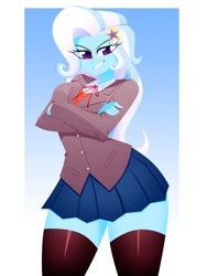 Size: 1500x2000 | Tagged: safe, artist:xan-gelx, trixie, human, equestria girls, border, clothes, commission, cosplay, costume, doki doki literature club, eye clipping through hair, female, hand on hip, jacket, lidded eyes, school uniform, skirt, smiling, smug, socks, solo, thigh highs, video game crossover
