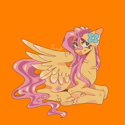 Size: 1280x1280 | Tagged: safe, artist:suruhatsune, fluttershy, pegasus, pony, g4, flower, orange background, simple background, solo