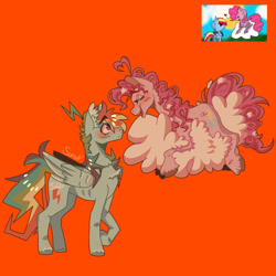 Size: 1280x1280 | Tagged: safe, artist:suruhatsune, pinkie pie, rainbow dash, earth pony, pegasus, pony, g4, cloud, female, lesbian, red background, redraw, ship:pinkiedash, shipping, simple background