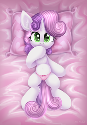 Size: 3500x5000 | Tagged: safe, alternate version, artist:atlas-66, sweetie belle, pony, unicorn, g4, bed, clothes, cute, diasweetes, female, filly, foal, panties, pink background, pink panties, simple background, solo, underwear