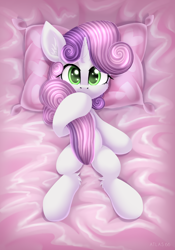 Size: 3500x5000 | Tagged: safe, alternate version, artist:atlas-66, sweetie belle, pony, unicorn, g4, bed, covering, cute, diasweetes, female, filly, foal, solo, tail, tail between legs, tail covering