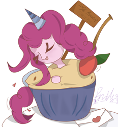 Size: 2620x2820 | Tagged: safe, artist:bridge, artist:bridge ngm, pinkie pie, earth pony, pony, g4, autograph, board, cherry, cupcake, eye clipping through hair, eyes closed, food, hat, heart, high res, ibispaint x, leaf, letter, open mouth, plate, simple background, smiling, solo, white background