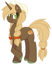 Size: 800x985 | Tagged: safe, artist:traveleraoi, oc, oc only, oc:pumpkin spice, pony, unicorn, au:equuis, bow, braid, braided tail, colored pupils, cowboy hat, female, freckles, hair bow, hair tie, hat, hooves, horn, looking at you, mare, simple background, smiling, solo, tail, transparent background, unicorn oc, watermark