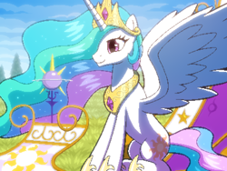 Size: 800x600 | Tagged: safe, artist:rangelost, princess celestia, alicorn, pony, cyoa:d20 pony, g4, chariot, crown, cyoa, ethereal mane, jewelry, offscreen character, pixel art, regalia, solo, story included