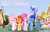 Size: 3156x1999 | Tagged: safe, artist:elementbases, artist:muhammad yunus, oc, oc only, oc:annisa trihapsari, oc:bluelight, oc:rozyfly, oc:starnight, oc:strawberries, oc:sunflower, alicorn, earth pony, pegasus, pony, unicorn, series:the legend of tenderheart, g4, alicorn oc, angry, bow, earth pony oc, female, group, hair bow, heart, horn, looking at you, male, mare, pegasus oc, ponyville, stallion, unamused, unicorn oc, wings