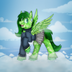 Size: 2300x2300 | Tagged: safe, artist:molars, oc, oc only, oc:emerald radiance, crystal pegasus, crystal pony, pegasus, pony, clothes, commission, ear piercing, earring, full body, happy, high res, jewelry, long mane, open mouth, piercing, raised hoof, skirt, sky, smiling, unshorn fetlocks