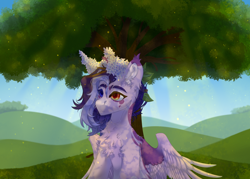 Size: 3500x2500 | Tagged: safe, artist:medkit, oc, oc only, oc:wendy levitar, pegasus, pony, big eyes, blue sky, calm, chest fluff, colored eartips, complex background, crepuscular rays, dappled sunlight, day, ear fluff, eyeliner, eyes open, eyeshadow, feather, female, fluffy, foliage, grass, heterochromia, high res, hill, leaves, lilac, looking up, makeup, mare, paint tool sai 2, partially open wings, particles, pegasus oc, short mane, sitting, sky, solo, sunny day, tassels, tree, wings