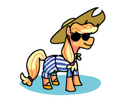 Size: 402x329 | Tagged: safe, artist:punkittdev, applejack, earth pony, pony, g4, benoit blanc, clothes, cowboy hat, female, glass onion, hat, knives out, simple background, solo, stetson, sunglasses, swimsuit, white background