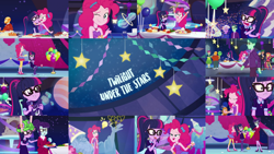 Size: 1280x721 | Tagged: safe, editor:quoterific, flash sentry, pinkie pie, rosette nebula, sci-twi, sunset shimmer, timber spruce, twilight sparkle, human, equestria girls, g4, my little pony equestria girls: better together, twilight under the stars, arms in the air, atomic chocolate cake, balloon, balloon animal, confetti, cupcake, eyes closed, food, hug, idea, nervous, one eye closed, poster, wink