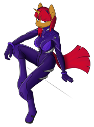 Size: 2500x3400 | Tagged: safe, artist:in3ds2, artist:katingcipset, oc, oc only, oc:tsangefis, unicorn, anthro, bodysuit, clothes, eyebrows, eyebrows visible through hair, female, high res, latex, latex suit, looking at you, plugsuit, simple background, sitting, solo, transparent background