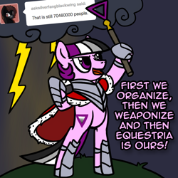 Size: 800x800 | Tagged: safe, artist:thedragenda, oc, oc:ace, earth pony, pony, ask-acepony, bipedal, costume, earth pony oc, female, hoof hold, king sombra costume, lightning, mare, raised hoof, scepter, solo, standing on two hooves