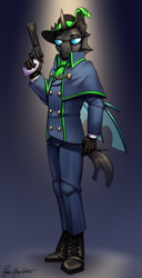 Size: 1536x3000 | Tagged: safe, artist:jedayskayvoker, oc, oc:alibi, changeling, anthro, blue, boots, cape, changeling oc, clothes, fangs, glasses, gloves, gradient background, gun, handgun, hat, looking at you, male, revolver, shoes, solo, spotlight, spy, spy (tf2), stallion, suit, team fortress 2, weapon