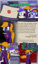 Size: 1920x3168 | Tagged: safe, artist:alexdti, oc, oc only, oc:bright comet, oc:purple creativity, oc:violet moonlight, pegasus, pony, unicorn, comic:quest for friendship, bowl, colt, comic, dialogue, ears back, female, filly, foal, folded wings, glasses, high res, hoof hold, hooves, horn, letter, lidded eyes, looking at someone, male, mare, mother and child, mother and daughter, mother and son, one eye closed, open mouth, pegasus oc, pinpoint eyes, reading, shocked, shocked expression, siblings, speech bubble, standing, tail, twilight sparkle's cutie mark, twins, two toned mane, unicorn oc, wall of tags, wavy mouth, wings, yelling
