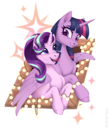 Size: 2000x2362 | Tagged: safe, artist:sparkling_light, starlight glimmer, twilight sparkle, alicorn, pony, unicorn, g4, christmas, christmas lights, cute, duo, glimmerbetes, height difference, high res, holiday, hooves, hug, looking at each other, looking at someone, open mouth, open smile, simple background, smiling, smiling at each other, twiabetes, twilight sparkle (alicorn), white background, window, winghug, wings