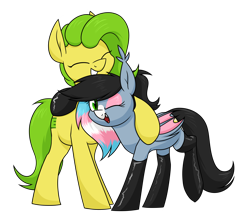 Size: 2036x1784 | Tagged: safe, artist:moonatik, oc, oc only, oc:bit assembly, oc:starskipper, pony, derpibooru community collaboration, clothes, cuddling, duo, eyes closed, eyeshadow, female, latex, latex socks, lesbian, makeup, mare, one eye closed, shipping, simple background, socks, transparent background, wink