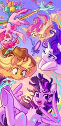Size: 998x2048 | Tagged: safe, artist:千雲九枭, applejack, fluttershy, pinkie pie, rainbow dash, rarity, spike, twilight sparkle, alicorn, dragon, earth pony, pegasus, pony, unicorn, applejack's hat, balloon, chest fluff, cloud, cowboy hat, eyes closed, falling, female, floating, flying, glowing, glowing horn, hand mirror, hat, horn, hot air balloon, laughing, magic, magic aura, male, mane seven, mane six, mare, mirror, missing cutie mark, one eye closed, open mouth, rainbow trail, smiling, spread wings, telekinesis, then watch her balloons lift her up to the sky, twilight sparkle (alicorn), wings